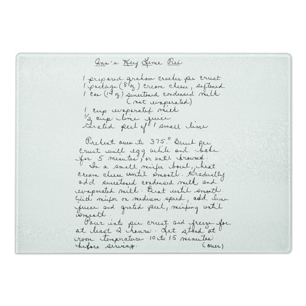 Glass cutting board printed with a handwritten recipe