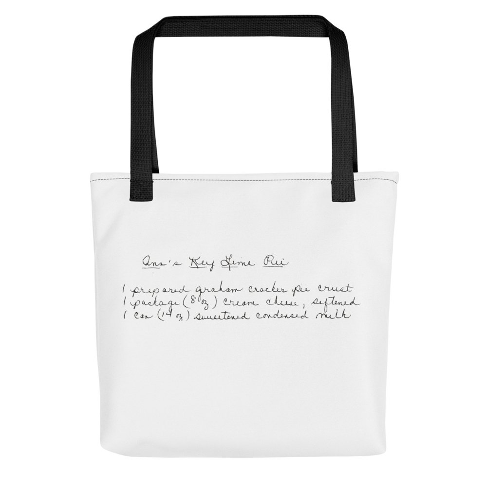 Tote bag printed with a handwritten recipe